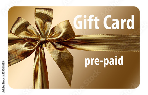 Here is a gold pre-paid gift card with a ribbon and bow isolated on a transparent background. It is a 3-d illustration.