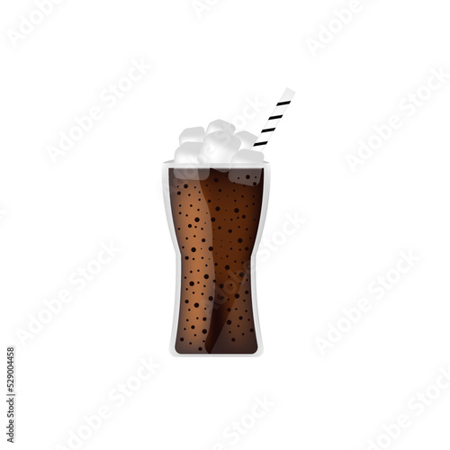 Glass coke with ice, straw and bubbles. Isolated coke in glass. Background with cold drink with sparkles.