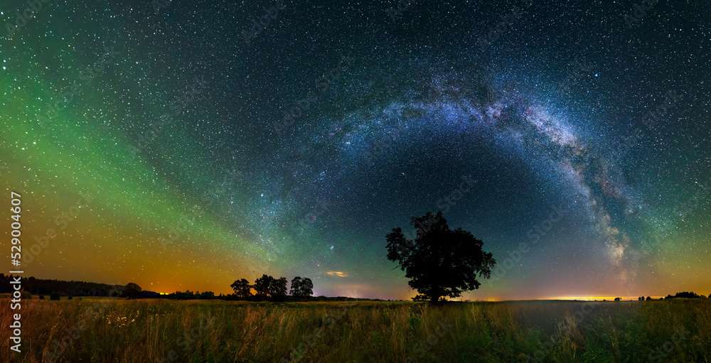 Panorama view of milky way in the night sky, deep starry sky with Milky way over head