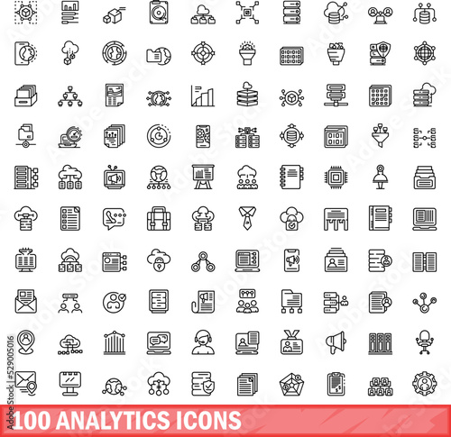100 analytics icons set. Outline illustration of 100 analytics icons vector set isolated on white background