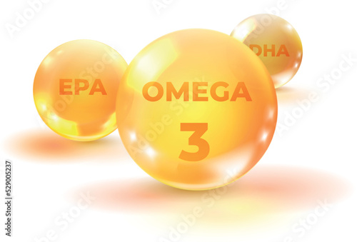 Omega 3 balls. Realistic golden pills. Oil drop