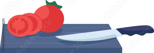 Sliced tomato on cutting board. Kitchen knife chopping