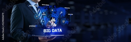 Big Data Analysis Analytics internet technology concept. Businessman pressing button on screen.
