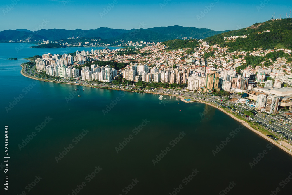 Aerial view of Florianopolis center and coastline. Urban view of architectural landscape