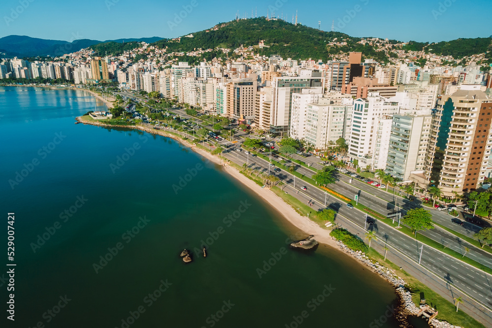 May 05, 2022. Florianopolis, Brazil. Aerial view of Florianopolis center. Urban view of architectural landscape