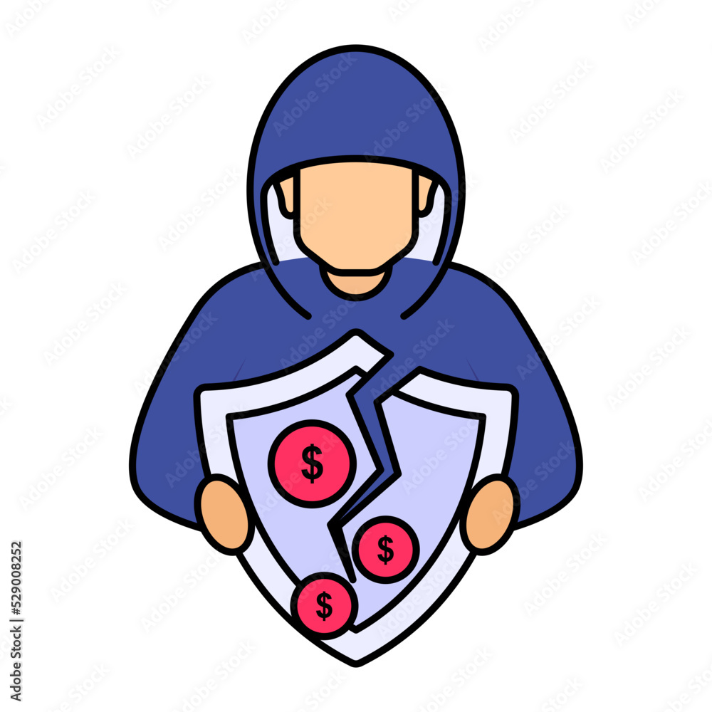 breaking security shield vector icon design, White Collar Crime symbol, Computer crime Sign, security breakers stock illustration, Malicious Hacker Concept