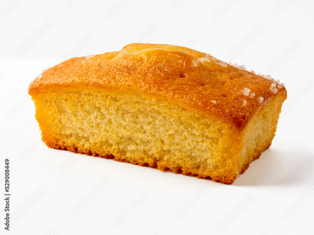 Madiera vanilla  loaf tin cake isolated on a white background