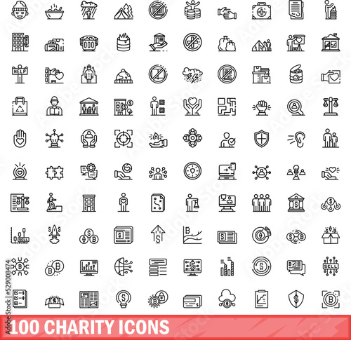 100 charity icons set. Outline illustration of 100 charity icons vector set isolated on white background