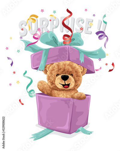 Hand drawn vector illustration of teddy bear appear from gift box