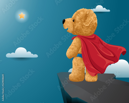 Hand drawn vector illustration of teddy bear hero standing on cliff looking at golden star