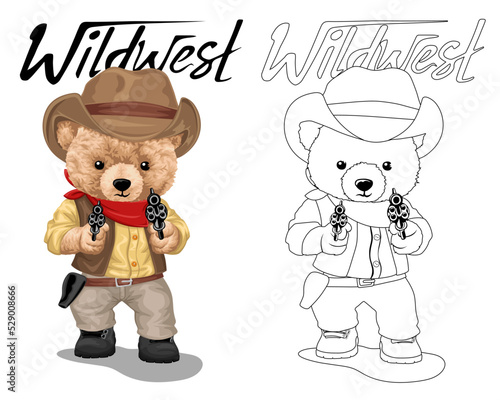 Hand drawn vector illustration of teddy bear in cowboy costume with gun. Coloring book or page