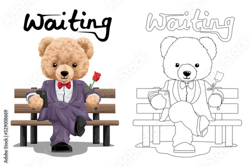 Hand drawn vector illustration of teddy bear in suit on bench while holding flower and smartphone