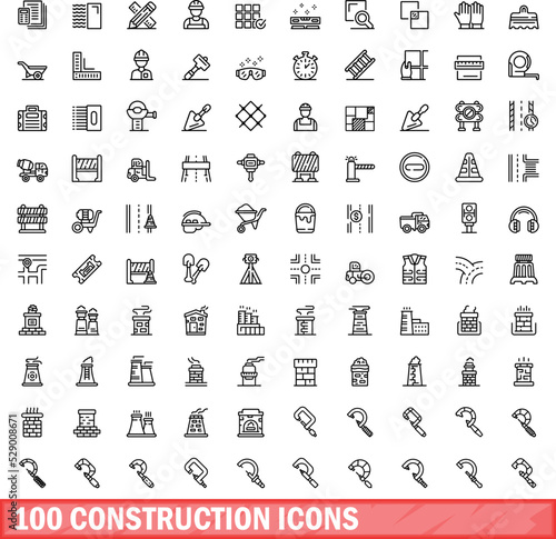 100 construction icons set. Outline illustration of 100 construction icons vector set isolated on white background