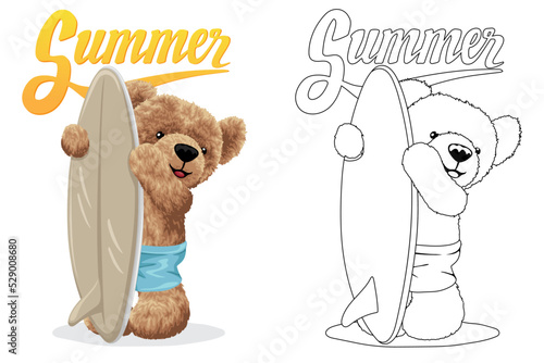 Hand drawn vector illustration of teddy bear with surfboard. Coloring book or page