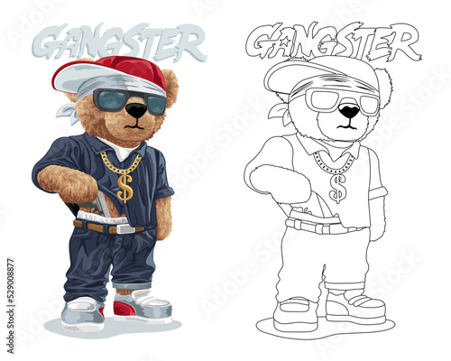 Hand drawn vector illustration of teddy bear gangster with gun. Coloring book or page