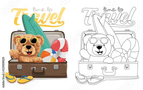 Hand drawn vector illustration of teddy bear on suitcase with tourism equipment