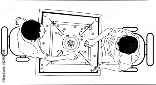 Carrom Board player vector, Outline sketch drawing of Carrom Board Tournament match, Cartoon doodle drawing of two carrom board players, indoor game clip art silhouette