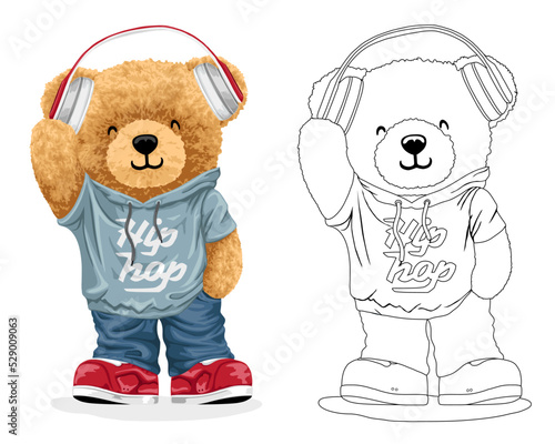 Hand drawn vector illustration of teddy bear in hiphop style with headphones. Coloring book or page