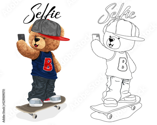 Hand drawn vector illustration of teddy bear on skateboard taking selfie with smartphone