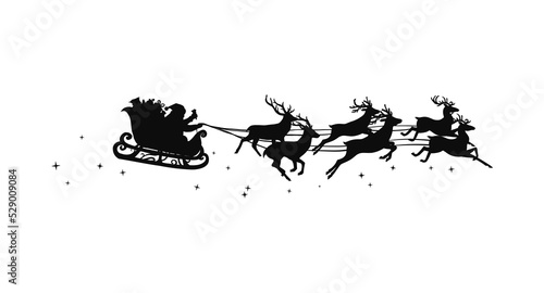 Santa's sleigh silhouette. Vector illustration with reindeers and Santa isolated from white background.
