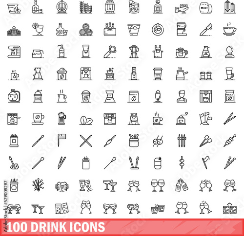 100 drink icons set. Outline illustration of 100 drink icons vector set isolated on white background