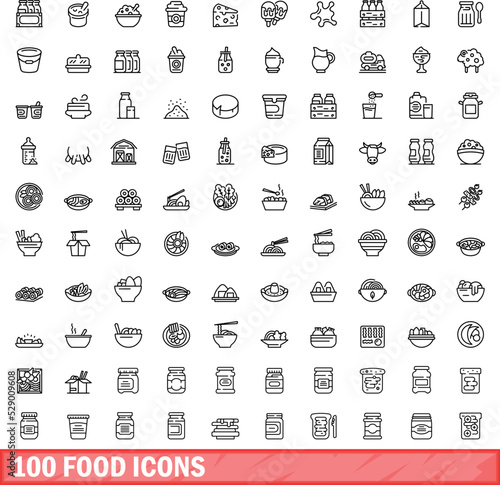 100 food icons set. Outline illustration of 100 food icons vector set isolated on white background