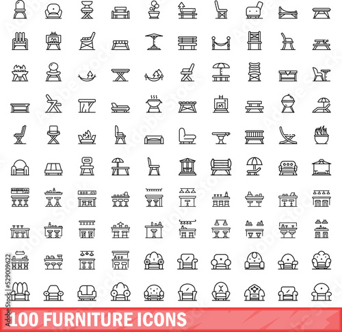 100 furniture icons set. Outline illustration of 100 furniture icons vector set isolated on white background