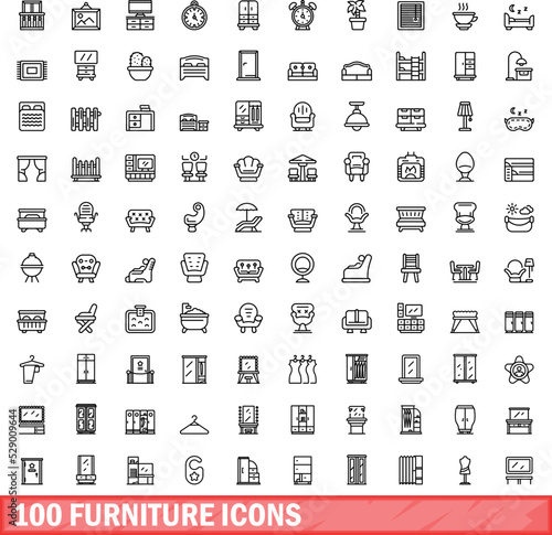 100 furniture icons set. Outline illustration of 100 furniture icons vector set isolated on white background