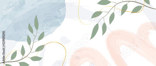 Vector pattern with tropical leaves on a pink pastel background with golden lines and watercolor strokes. Simple
 light jewelry design. Interior design, business cards, covers, postcards