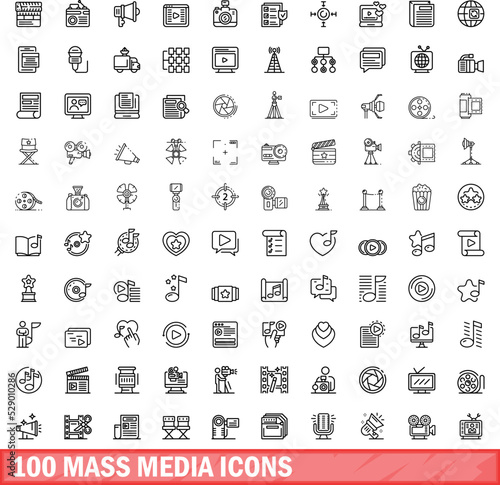 100 mass media icons set. Outline illustration of 100 mass media icons vector set isolated on white background