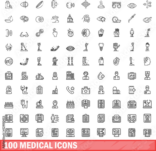 100 medical icons set. Outline illustration of 100 medical icons vector set isolated on white background