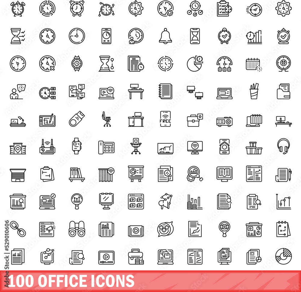 100 office icons set. Outline illustration of 100 office icons vector set isolated on white background 100 office icons set. Outline illustration of 100 office icons vector set isolated on white background