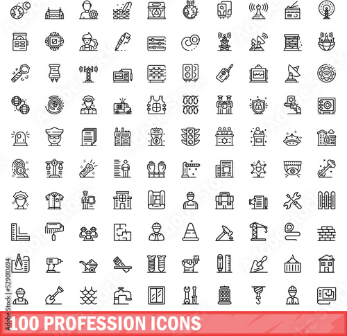 100 profession icons set. Outline illustration of 100 profession icons vector set isolated on white background