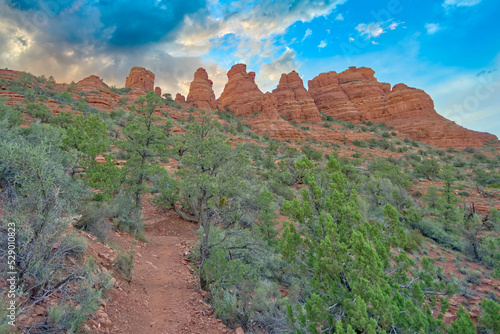 The spires of the Cockscomb Butte in Sedona Arizona viewed from the east side near sundown.