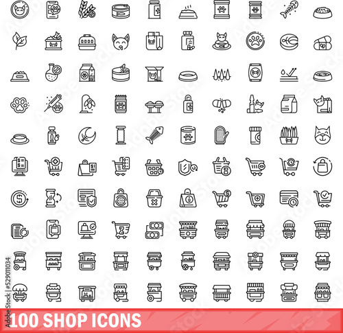 100 shop icons set. Outline illustration of 100 shop icons vector set isolated on white background