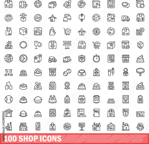 100 shop icons set. Outline illustration of 100 shop icons vector set isolated on white background