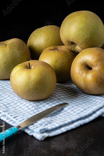 Top view of pippin apples on blue cloth with knife, on wooden table, black background, vertical photo