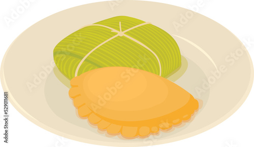 Portuguese appetizer icon isometric vector. Rissois de carne and dolma in plate. Traditional cuisine, national dish