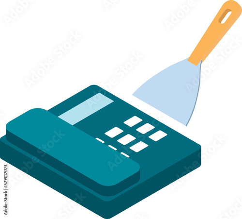 Renovation service icon isometric vector. Push button landline phone, putty knife. Construction, repair, maintenance