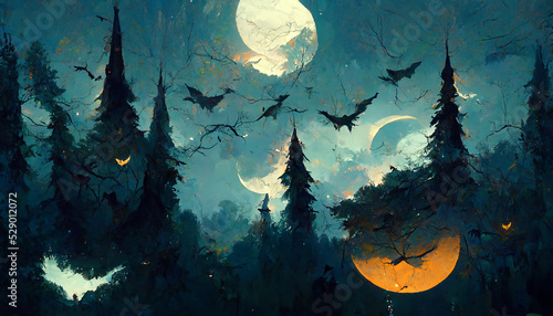 Fotografiet halloween forest theme bat flying moonlight