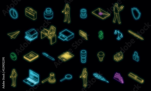 Notary icons set. Isometric set of notary vector icons neon color on black
