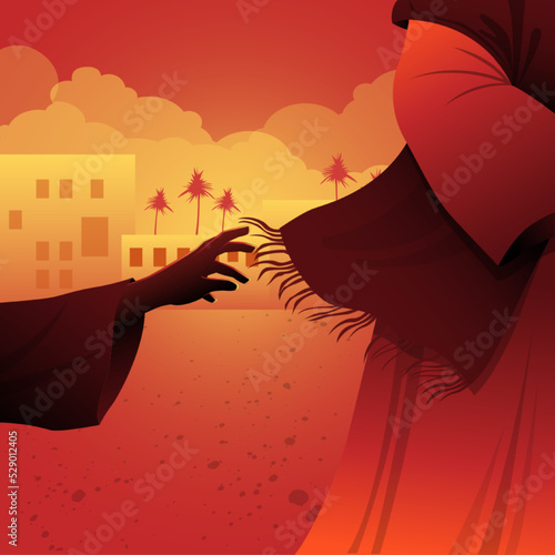 Woman touching hem of Jesus robe