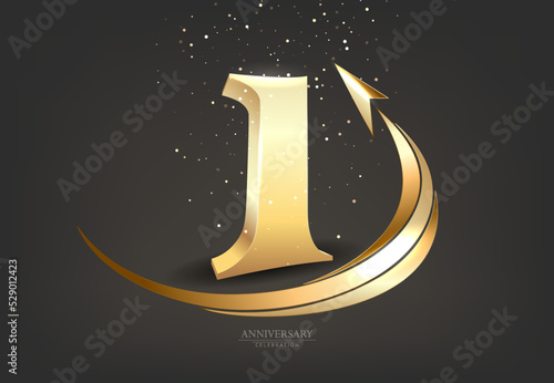 1 year anniversary celebration. Anniversary logo with ring and elegance golden color isolated on black background.