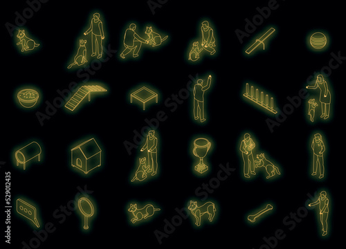 Dog training icons set. Isometric set of dog training vector icons neon color on black