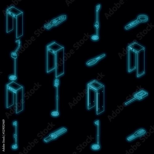 Metal detector icons set. Isometric set of metal detector vector icons neon color on black