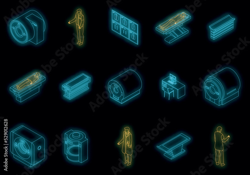 Magnetic resonance imaging icons set. Isometric set of magnetic resonance imaging vector icons neon color on black