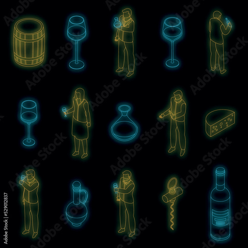 Sommelier icons set. Isometric set of sommelier vector icons neon color on black