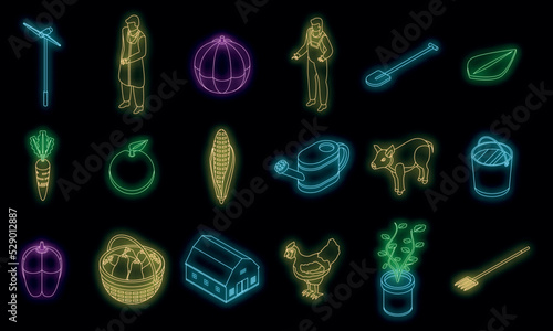 agronomist icons set. Isometric set of agronomist vector icons neon color on black