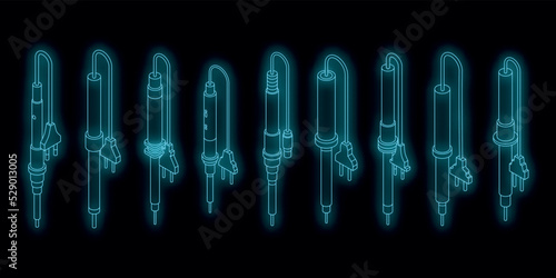 Soldering iron icons set. Isometric set of soldering iron vector icons neon color on black