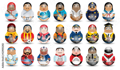 Big set design tilting toy. Athletes, schoolchildren and people of different professions. Modern kawaii dolls for your business project. Vector.